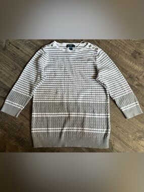 Karen Scott Gray and White Striped Cable Knit Button-Shoulder Sweater Size XL